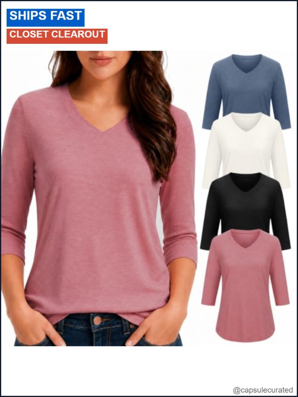 4 Pack Womens Loose Fit V-Neck 3/4 Sleeve Tees Plus Size Soft Stretch